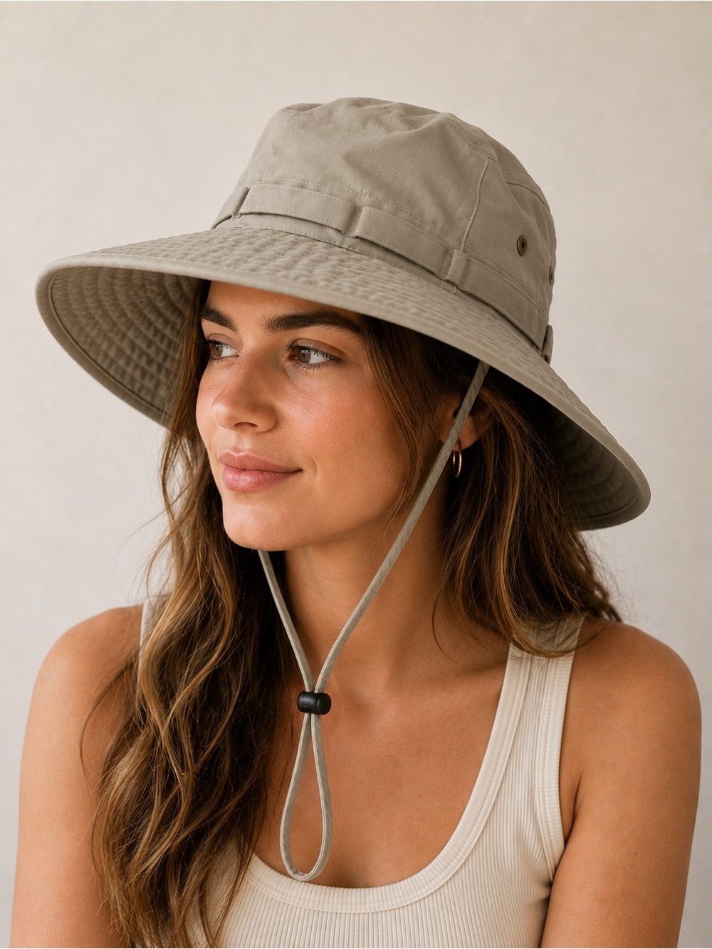 Women’s Taupe Wide-Brim Outdoor Sun Hat with Chin Cord. Great for Summer.
